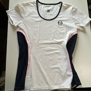 Sergio Tacchini x Johanna Ho. White, Navy and Pink Tennis Top.  Designer Collab.